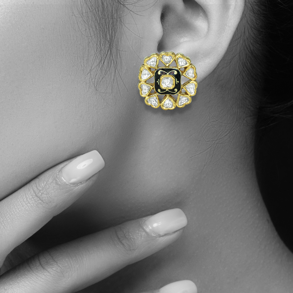 Polki Stud Earrings with Black Enamel and Teardrop Halo